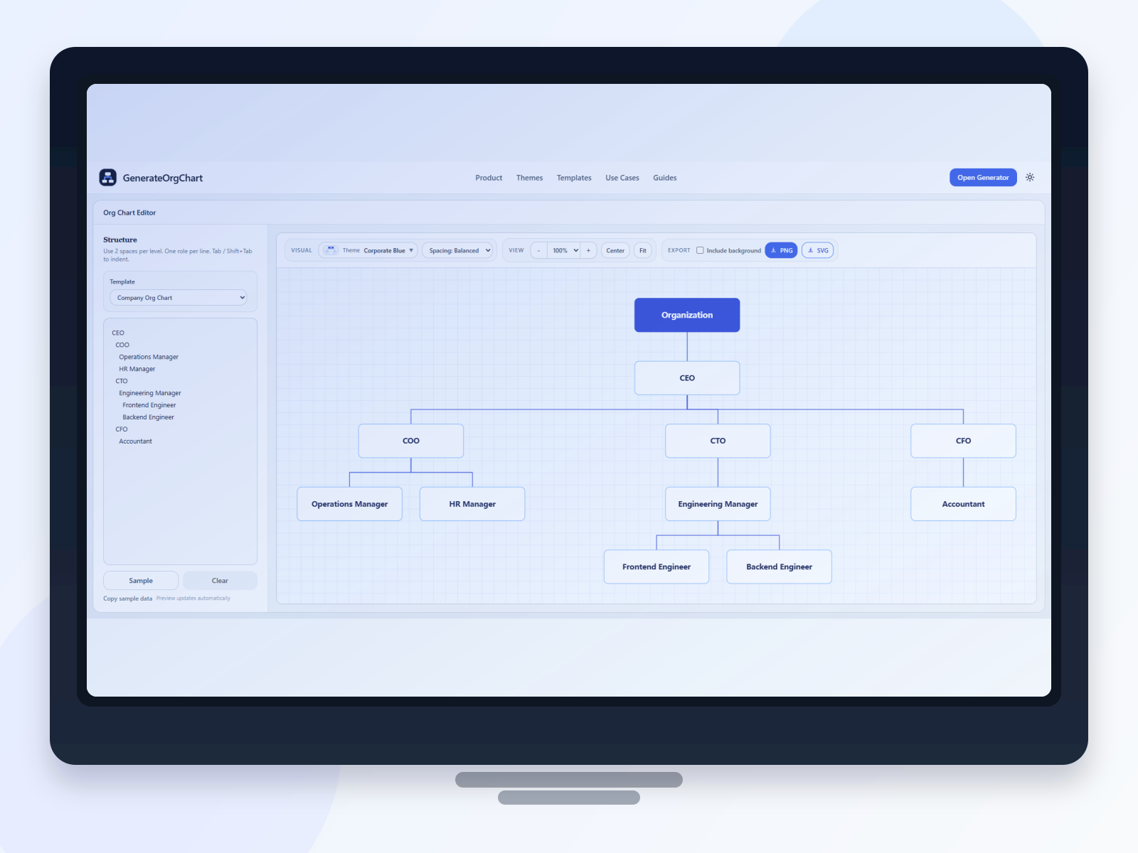 GenerateOrgChart org chart maker full editor preview inside a desktop screen